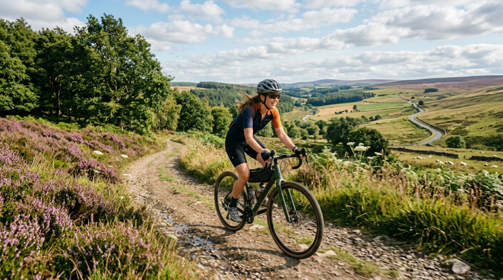 Cyclist wearing helmet and sunglasses riding a gravel bike on a dirt path in countryside